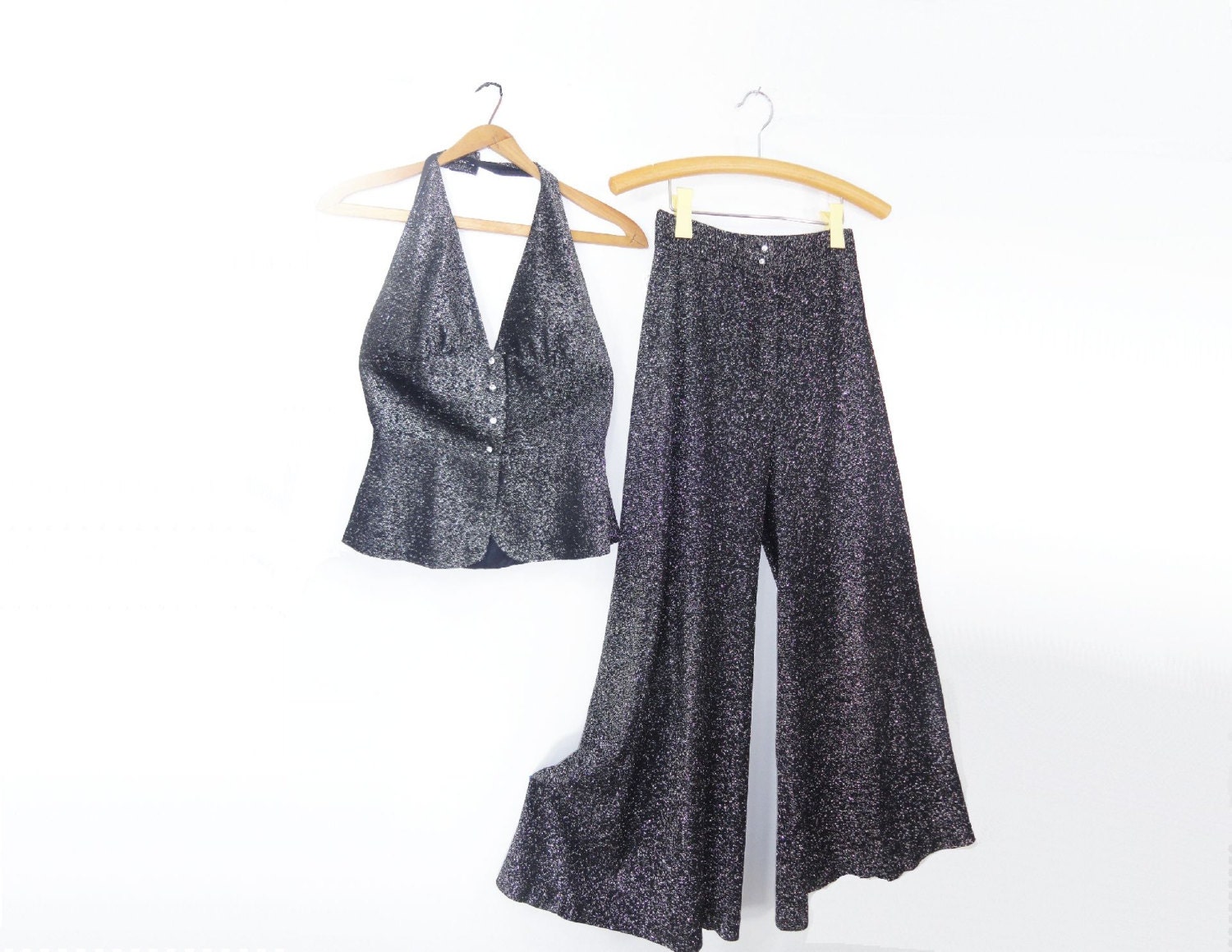 Vintage 70s Glitter Palazzos / Peplum Top 1970s Disco Black Wide Leg Pant 2pc / xs