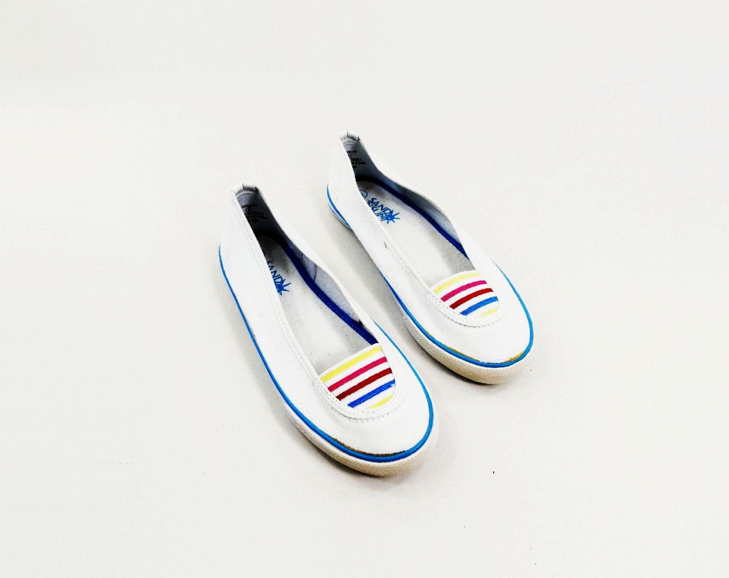Vintage Flats White Canvas Rainbow Stripe 1980s Sneakers Size 6