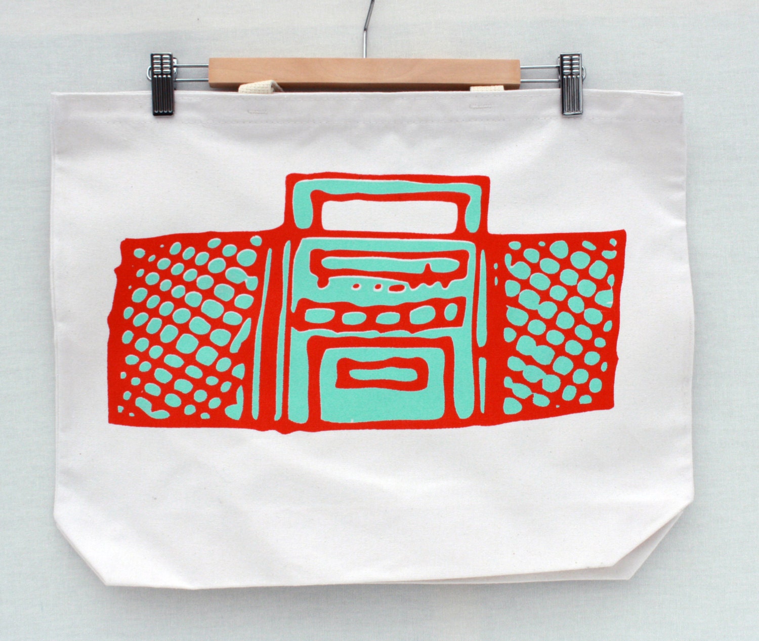Let The Beat Drop - boom box screen print, recycled grocery, shopping, everyday tote