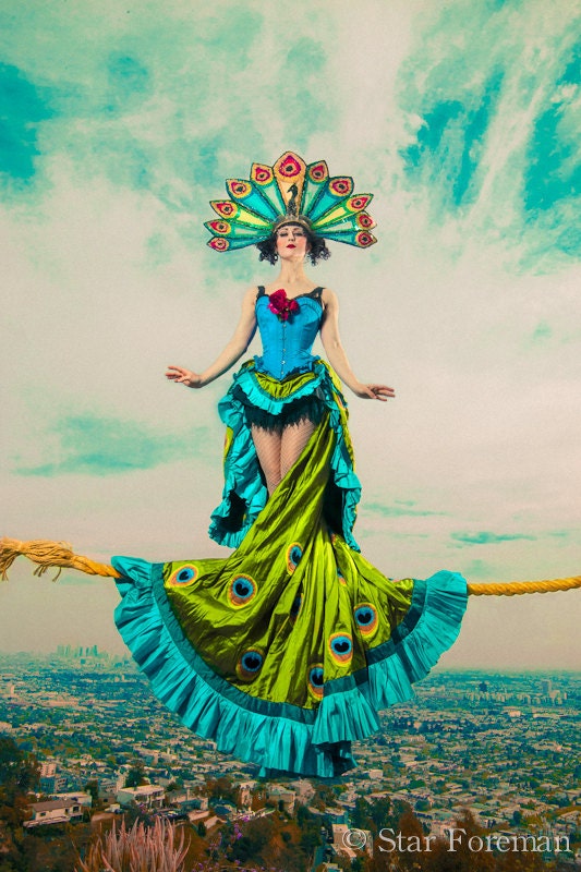 20x40 mounted Tightrope Walker  (portrait, color photography, peacock, sexy, vintage style, circus, color photo, fashion photography