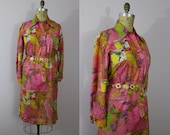 1960s Pink Shirt Dress / 60s Map Dress / Novelty Print / SZ L Large XL