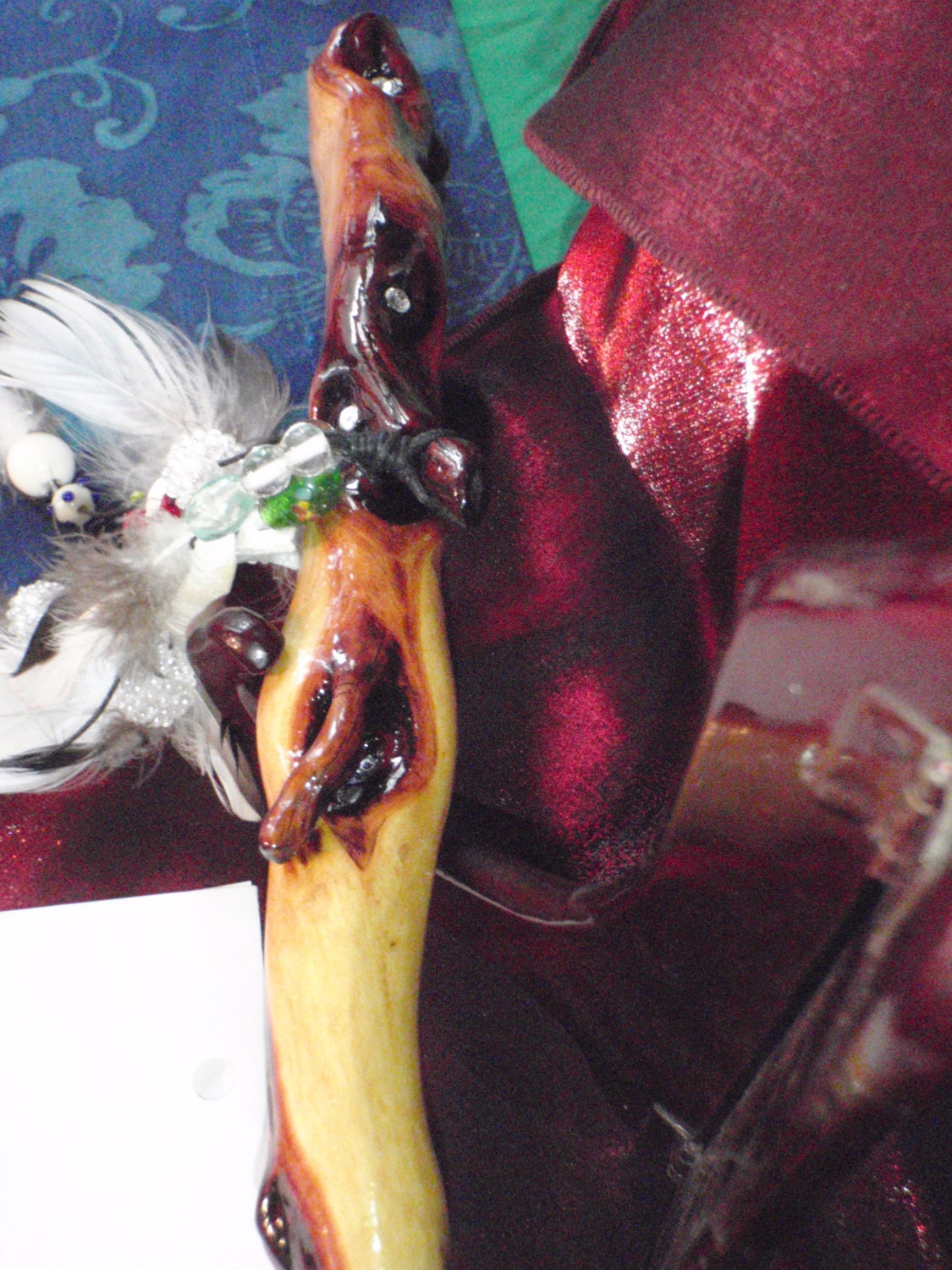 21.5"  Manzanita Wand with Crystal stone embelishments and Feather, shell and Bead  dressing