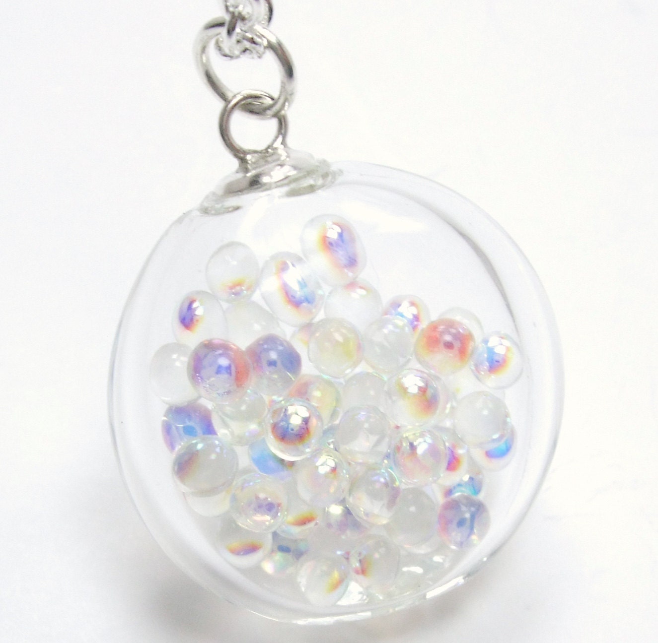 Small Double Bubble Glass Collection - Suds AB Coating Tiny Fairy Filled Flat Hand Blown Glass Round Coin Silver Necklace