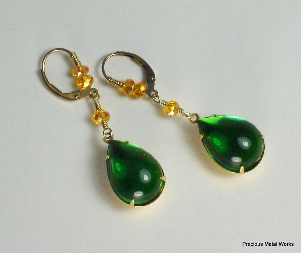 Avril, handmade, brilliant green, pear shaped glass cabochons and yellow crystal, lever back, dangle earrings