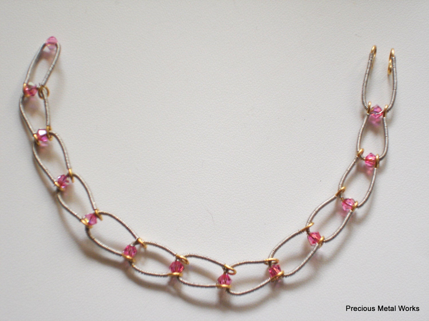 Follow Me, handmade, delicate, brass wire, beading wire and rose Swarovski crystal link, wire wrapped bracelet