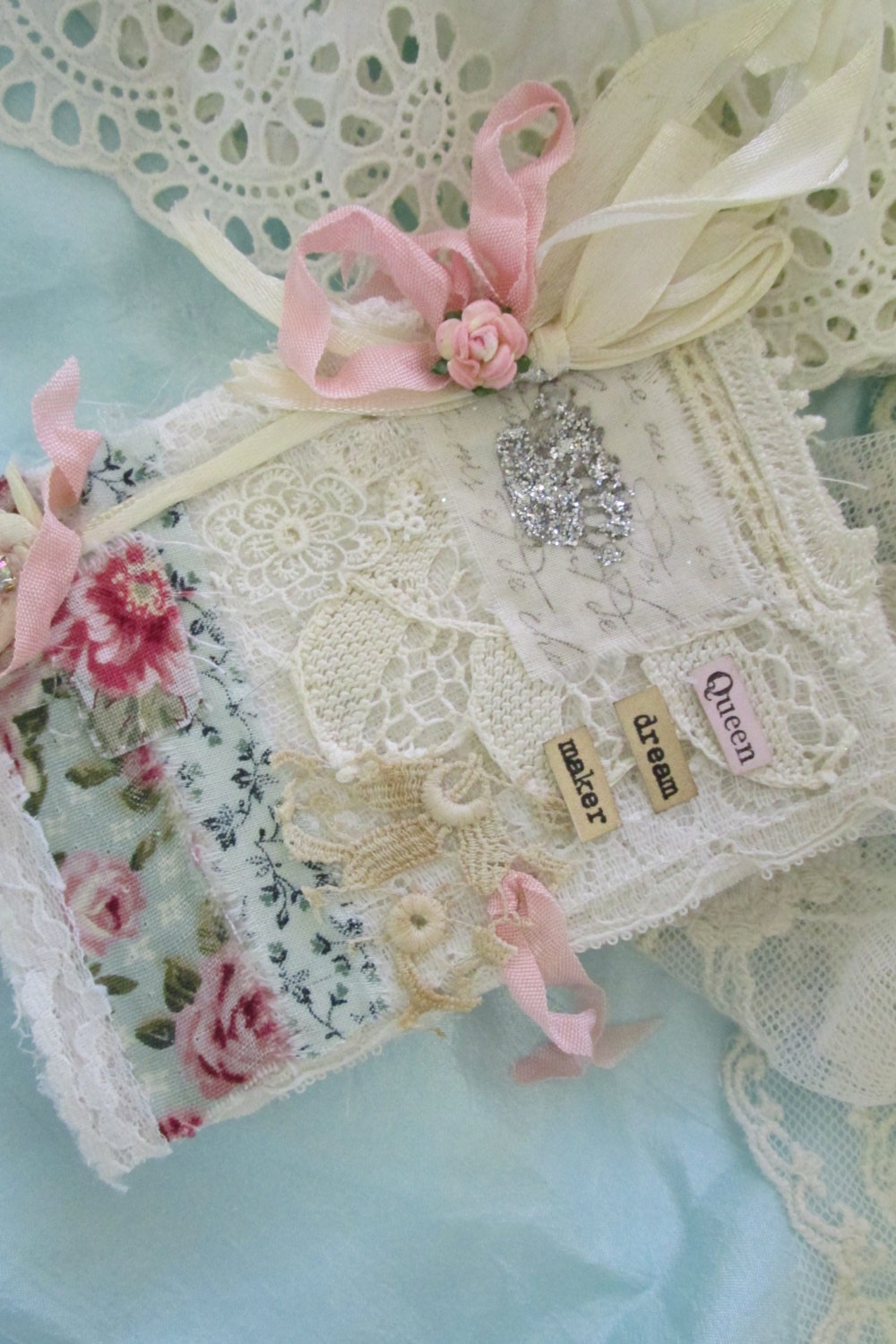 Vintage Crown Lace Journal With Shabby Roses And Hand Stamped French Text Mini Journal