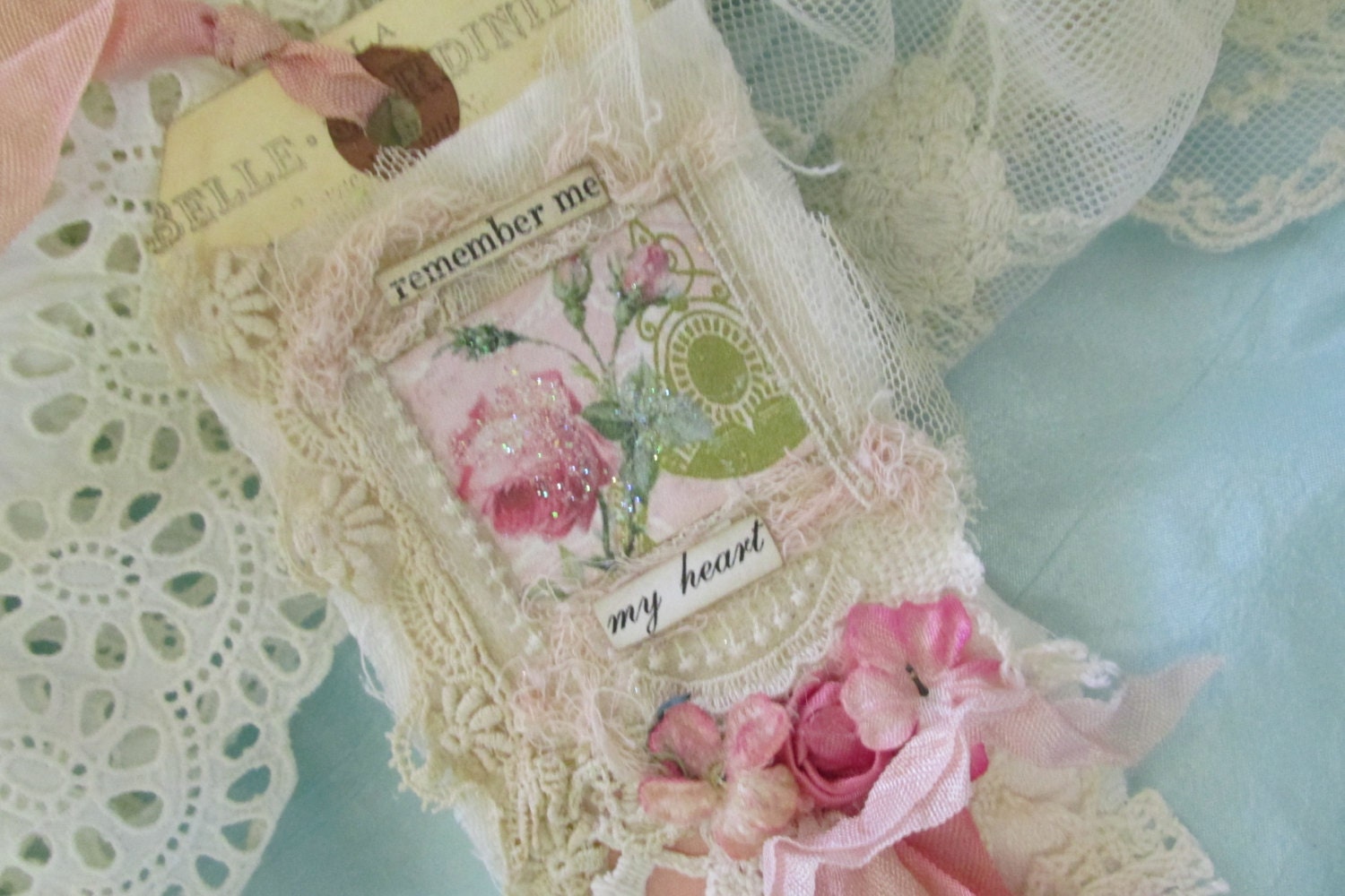Vintage Rose Lace Collage Tag Mixed Media Art Tag with Vintage Bridal Lace