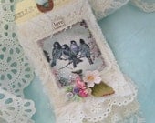 Mixed Media Art Tag Lace Tag With with Vintage Bird