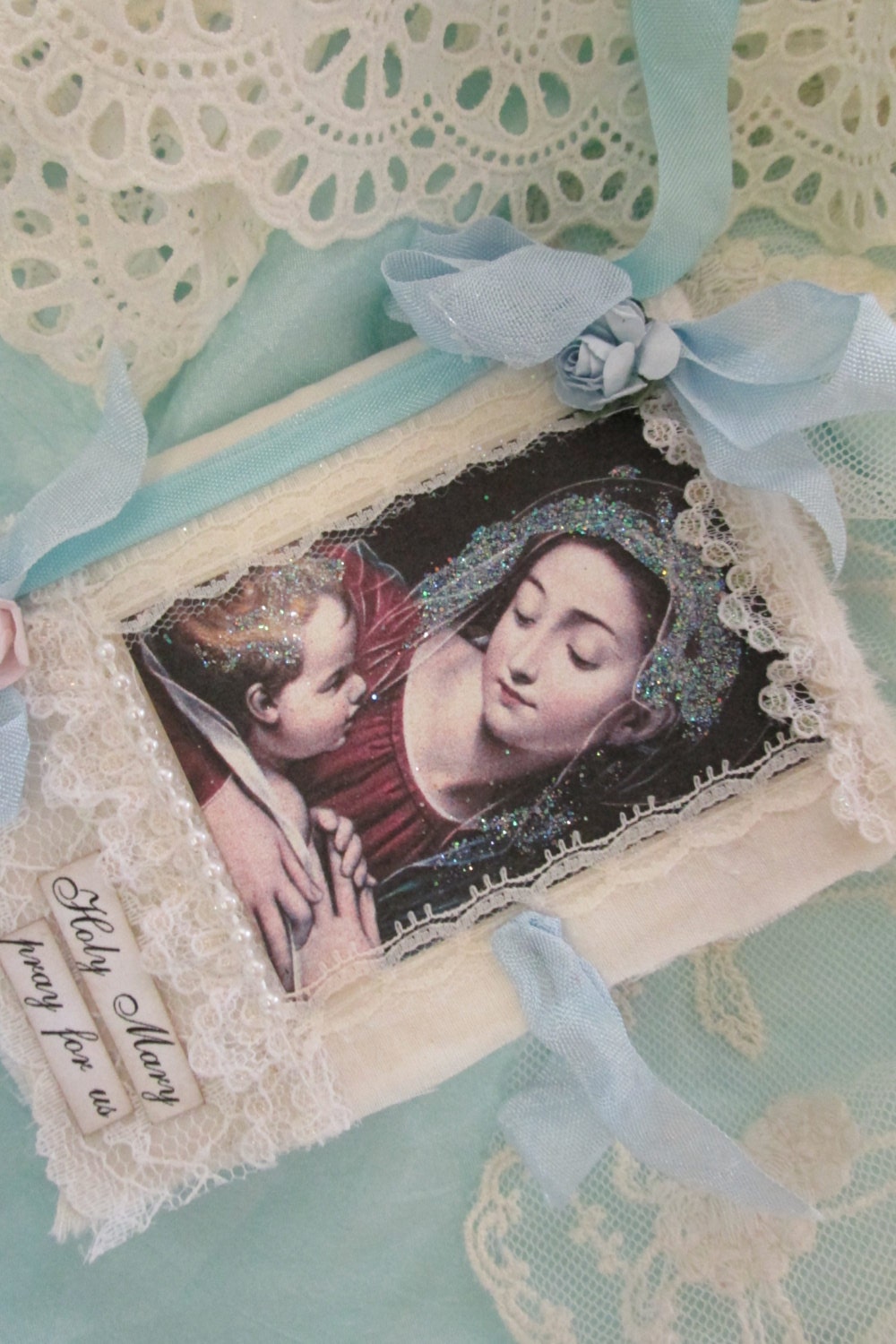 Virgin Mary  Mini Journal Blessed Mother Gift Aqua Ribbons
