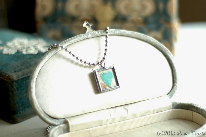 Aqua Blue Paper Heart on Aged Ivory Paper Soldered Charm Necklace with Silver Ball Chain