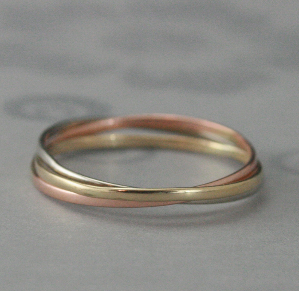 Solid 14K Super Skinny Minnie Plain Jane TriColor Rolling Ring--One Each of 14K Rose, Yellow and White Gold Band--Interlocked Rolling Ring