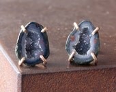 One of a Kind Blue Druzy Agate Geode Studs -14kt Yellow Gold