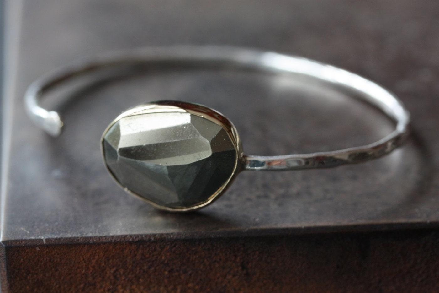 Pyrite Cuff Bracelet- 14kt gold, sterling silver, stacking bracelet, bezel, hammered, bangle, mixed metal