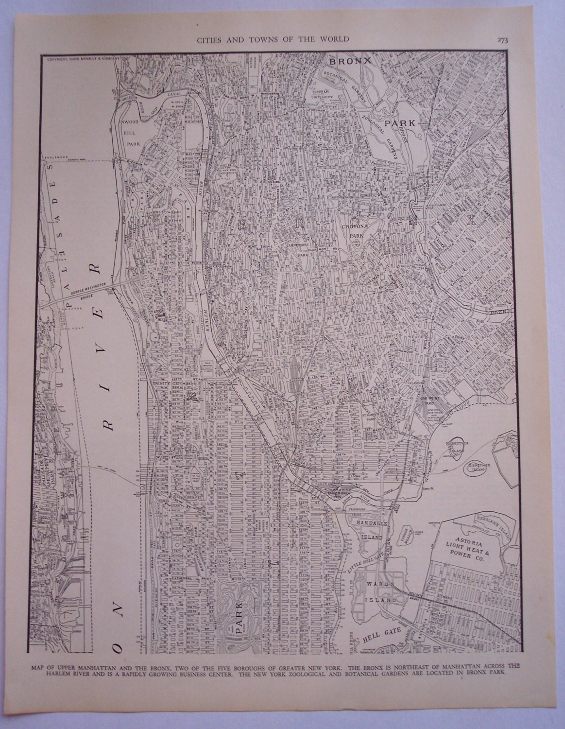 1939 City Map, upper Manhattan New York vintage street map