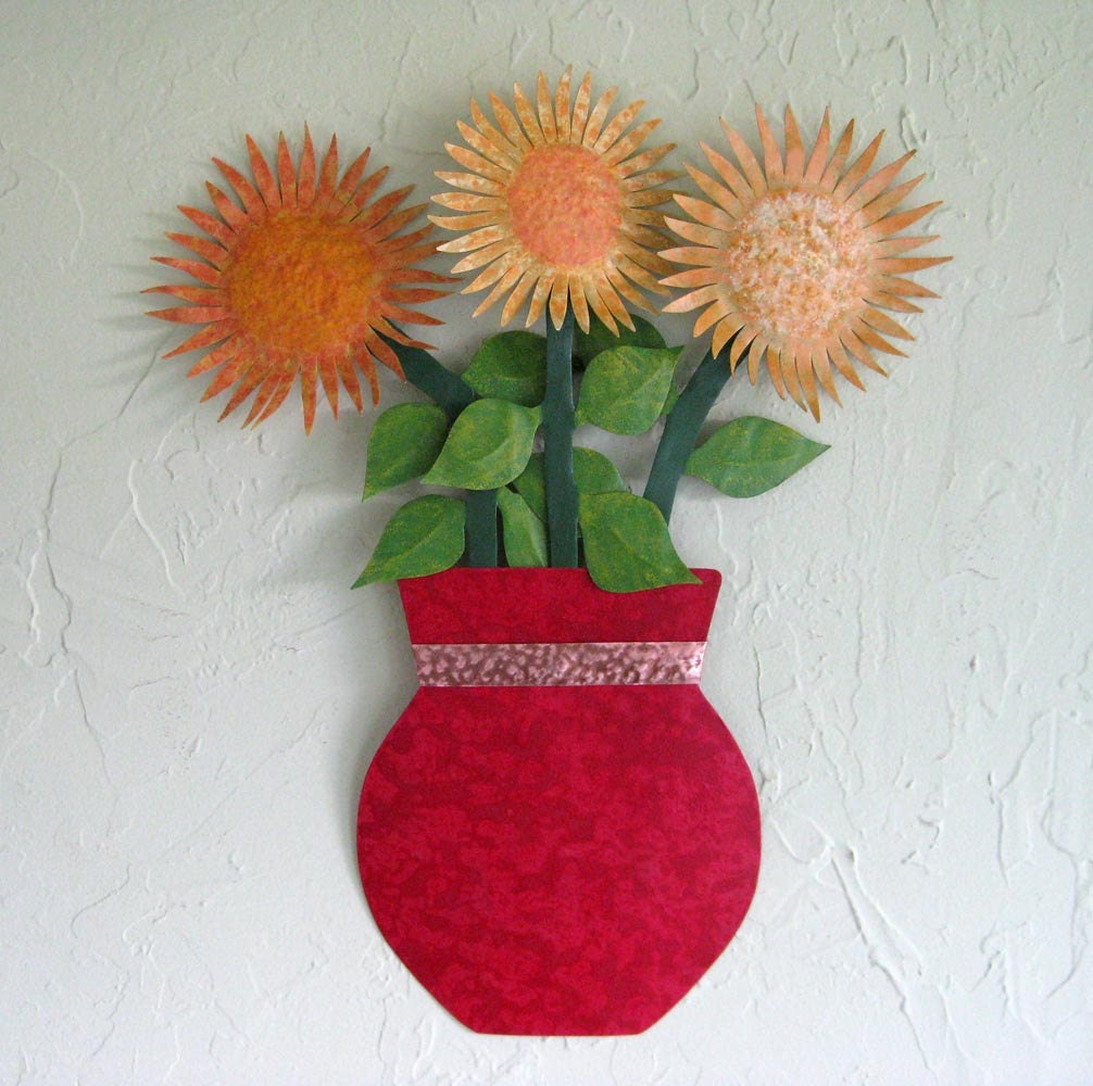 Metal art wall sculpture decor sunflower vase metal kitchen art large 16 x 19 red orange upcycled metal