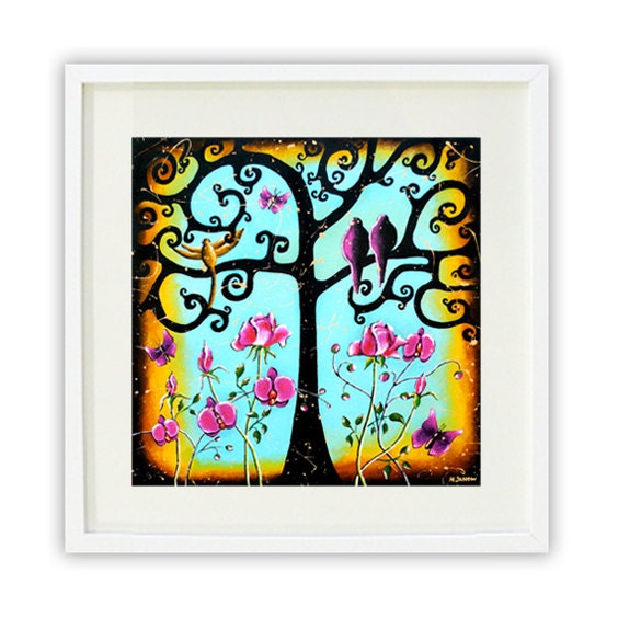 Love Birds Art Print, Tree of Life Art Giclee Print, Romantic Couples Art Wedding Gift, Hot Pink Tiffany Blue 13x13 Signed