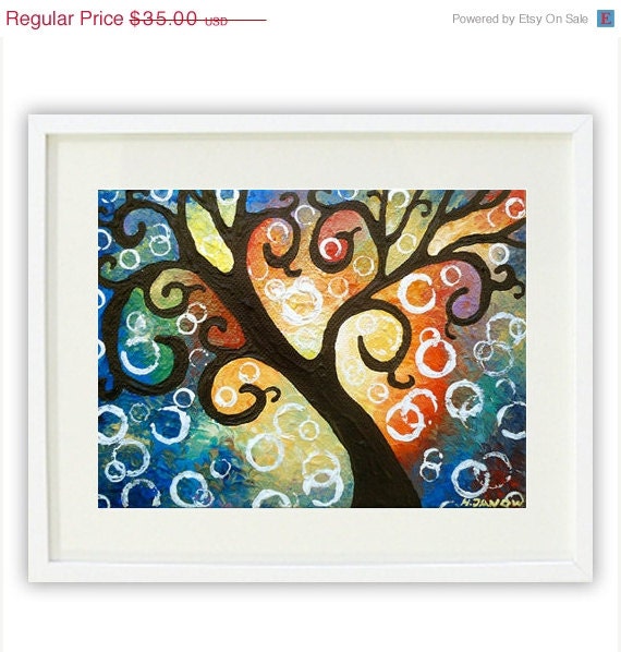 Giclee Print - Colorful Art Tree of Life Wall Art Print - Whimsical Folk Art Abstract Landscape 11x14 Signed