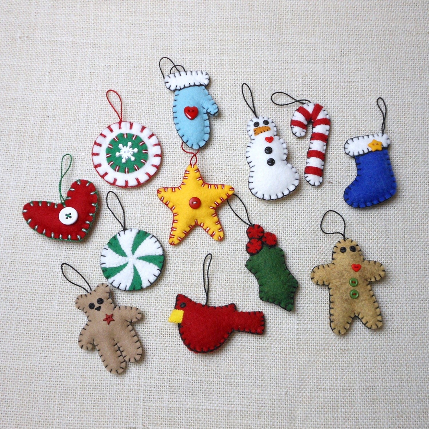 Wool Felt Christmas Ornaments - Set of 12
