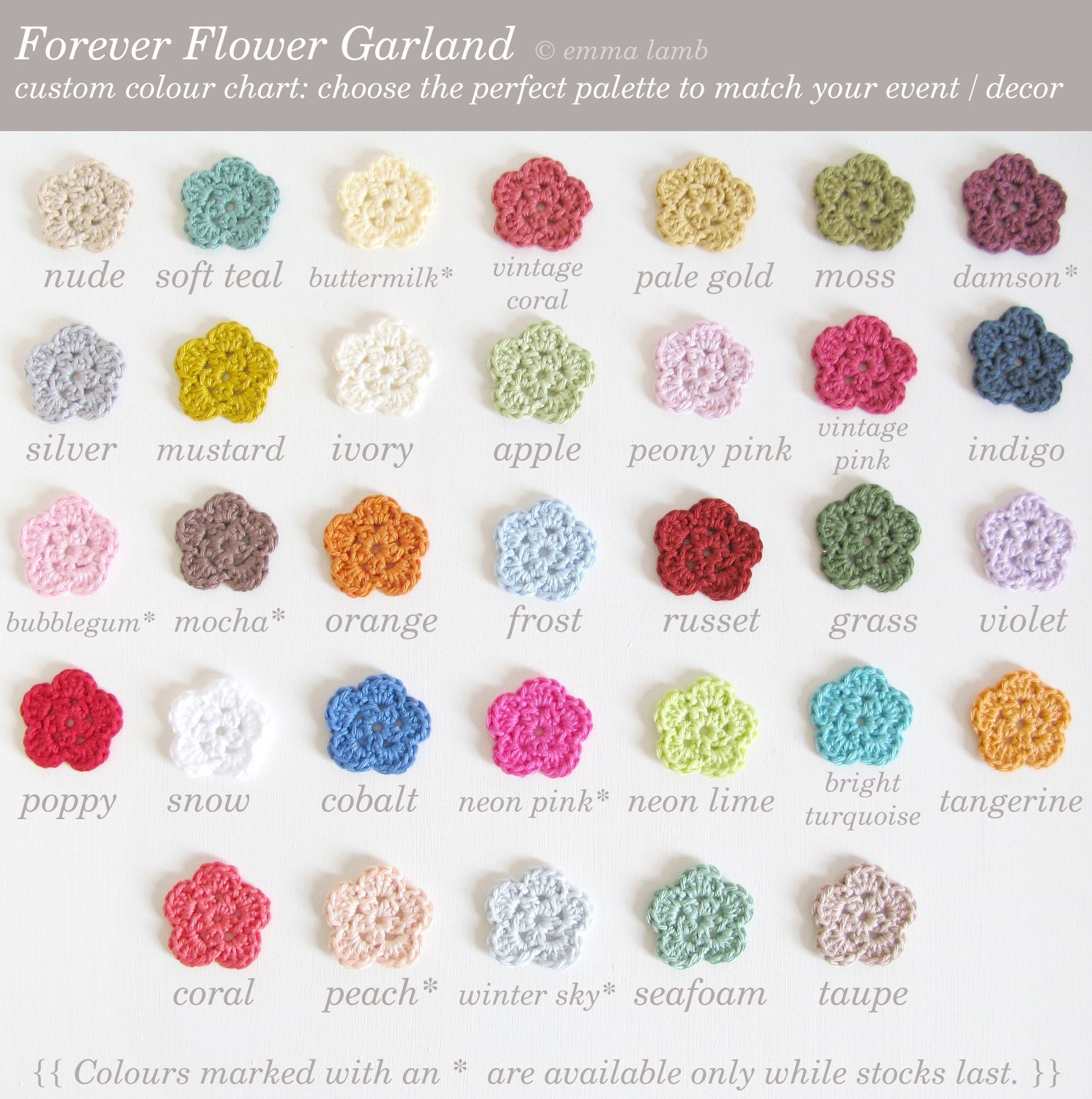 Wedding garland, floral bridal shower bunting, crochet flower garland - PICK YOUR PALETTE - customised item, by Emma Lamb