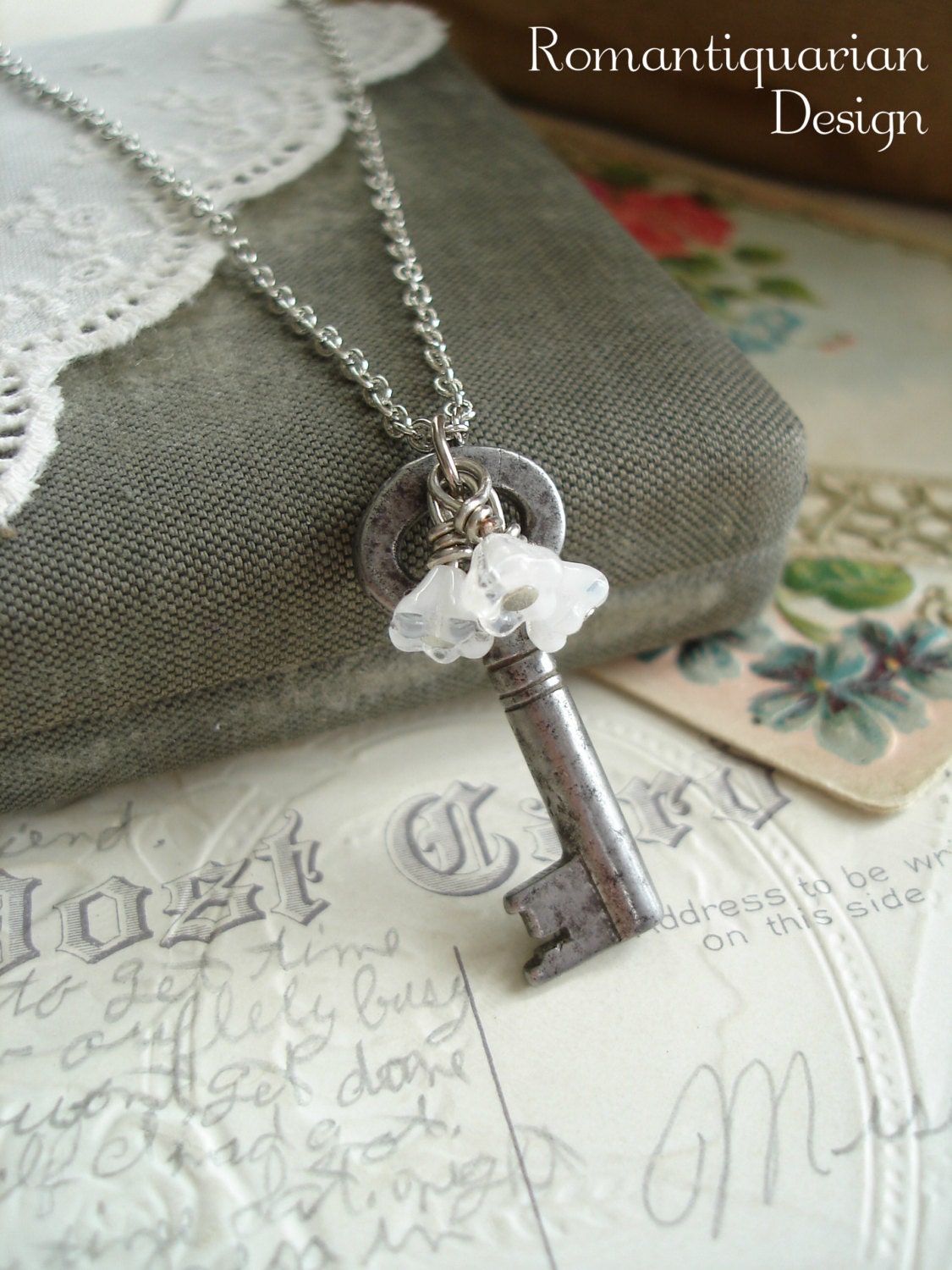 GARDEN GATE - Antique Skeleton Key Necklace with Bell Flowers. Vintage Key Necklace. Sweet & Shabby. Upcycled Jewelry. Eco Friendly Jewelry.