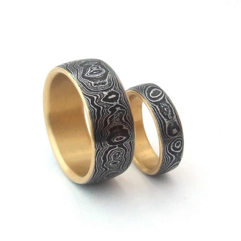 Damascus Wedding Band Set with 18k Gold Liners