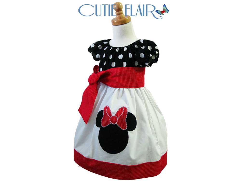 Custom Boutique style Minnie Mouse Peasant Dress Black Polkadots, White and Red with Applique