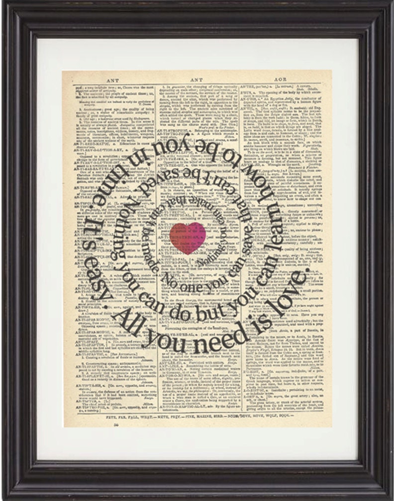 All You Need Is Love Song Print -The Beatles - Vintage Dictionary Book Page Art - Typography