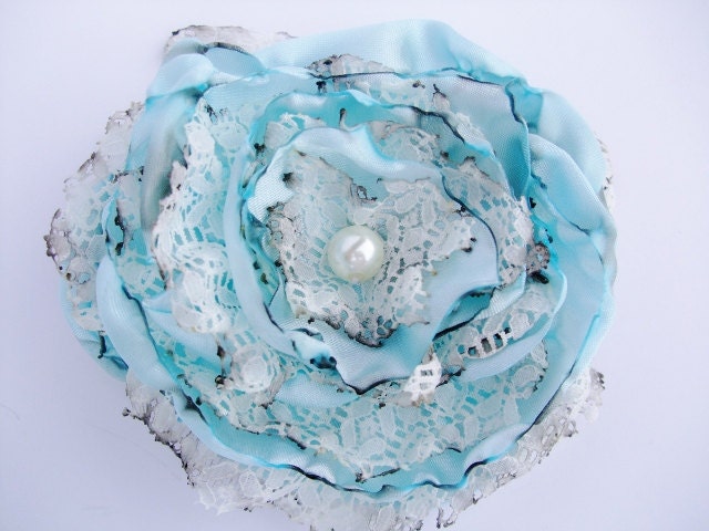 Wedding Hair Flower, Tea Stained Baby Blue Flower Accessory, Maternity Sash