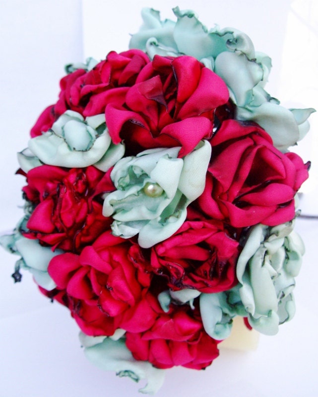 Wedding Bouquet, Wedding Flowers, Boutonnieres, Red, Tea Stained baby blue, golden yellow, and pink flowers, Handmade, made to order