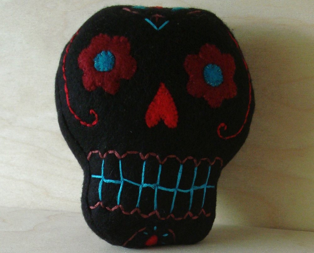 Sugar Skull plush ornament, black red blue