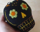 Sugar Skull plush ornament, black green yellow orange