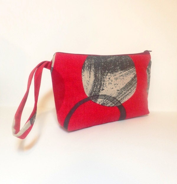 Wristlet Clutch Small Purse Red with Black, Ivory, and Wood Grain Circles