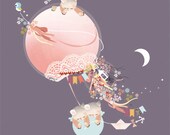 Girls Pink Cat and Kitten Bedroom Art - 'Kites and Kittens' by Schmooks