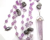 Lavender Necklace Long Wire Wrapped Lilac Quartz Gemstone Necklace Double Pointed Amethyst Crystal Sterling Silver Pyrite - Freida