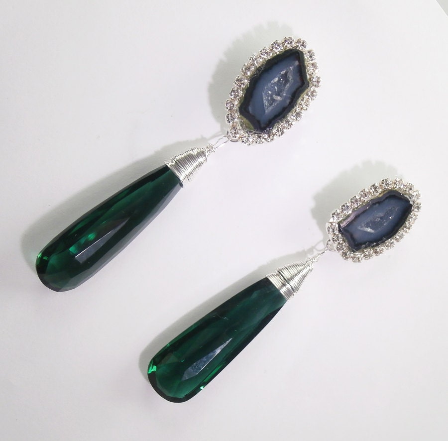 Emerald Green Long Drop Earrings Tabasco Geode Druzy Earrings Gemstone Slice Diamond Look Bezel Post Earrings - Stevie