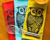 Owl Tea Towel Set of Three Dish Towels Hand Printed Kitchen Decor, Owls