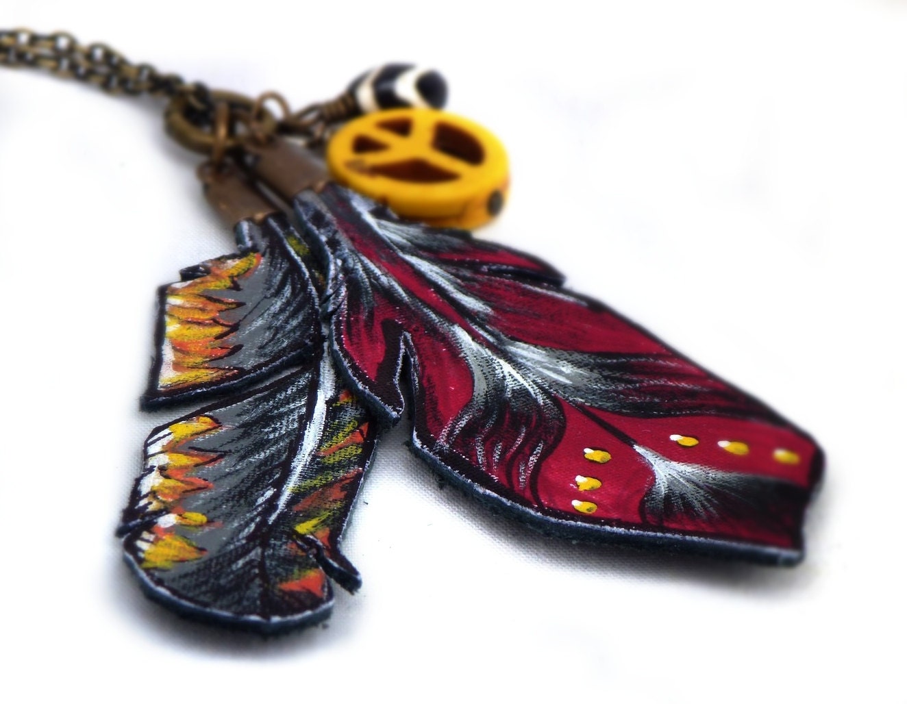 Bohemian painted leather feather necklace