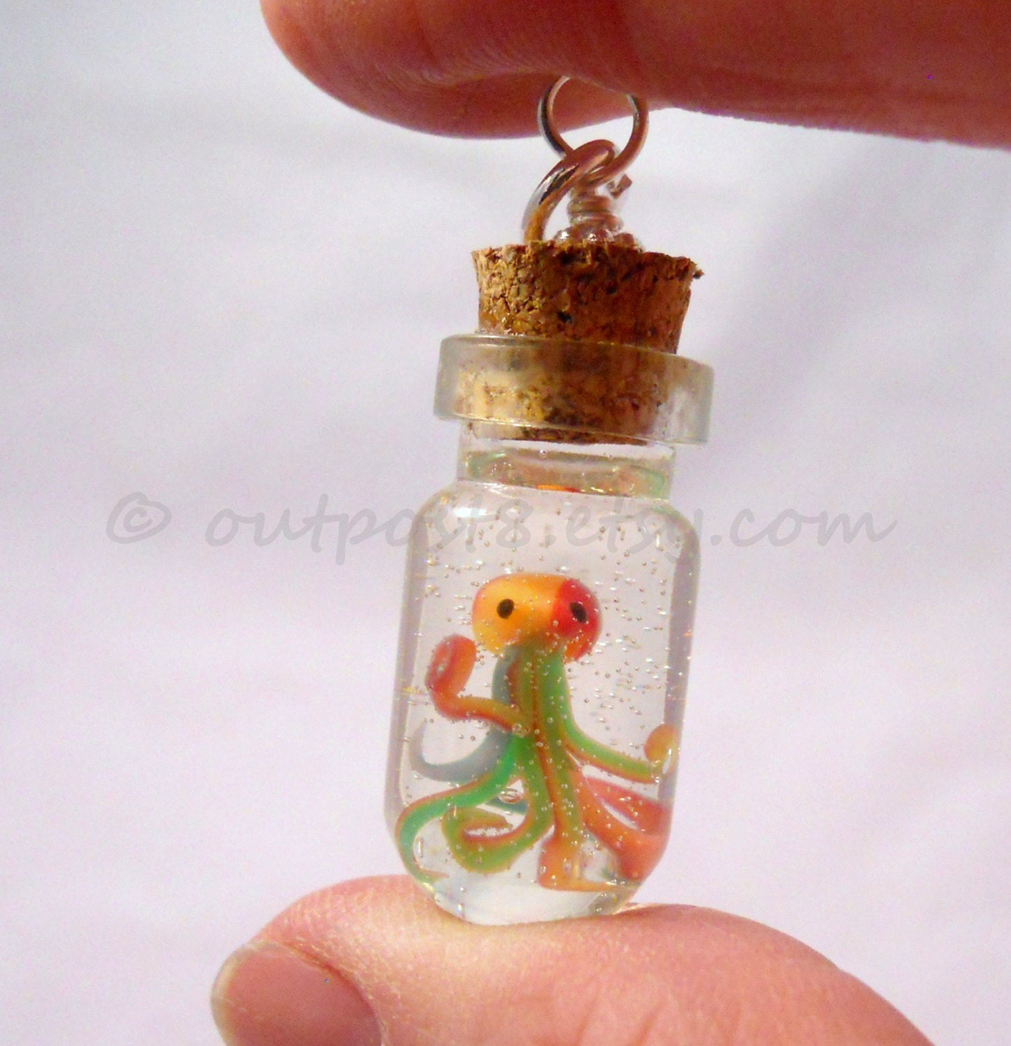 Weekend Sale. Miniature rainbow octopus. Polymer clay bottle necklace or keyring. Free US shipping.