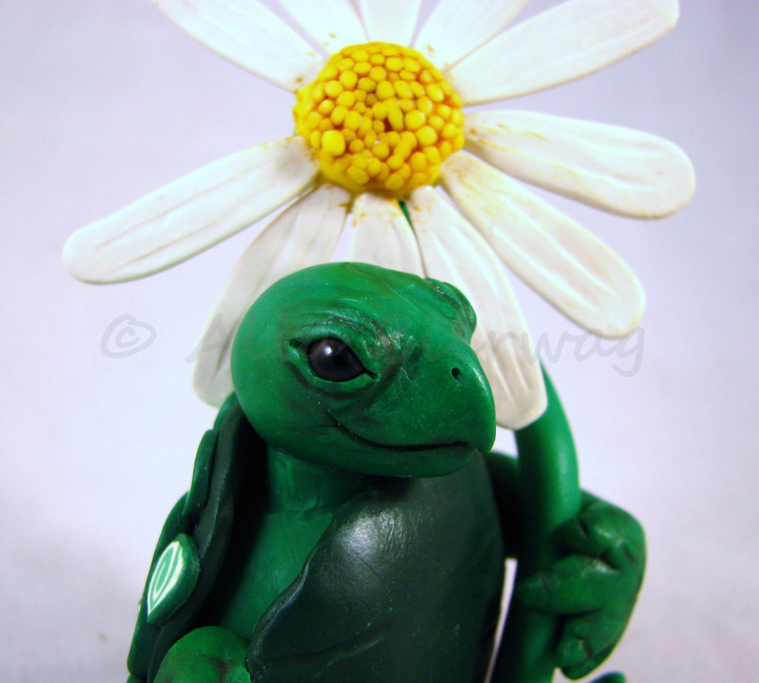 She Loves Me... Polymer clay turtle sculpture. OOAK art figurine. Animal, flower, kawaii, fantasy, spring. Free US shipping.