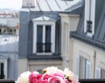 Paris Photography - Pink Ranunculus on the Paris Balcony -  8x10 fine art photograph - flower decor