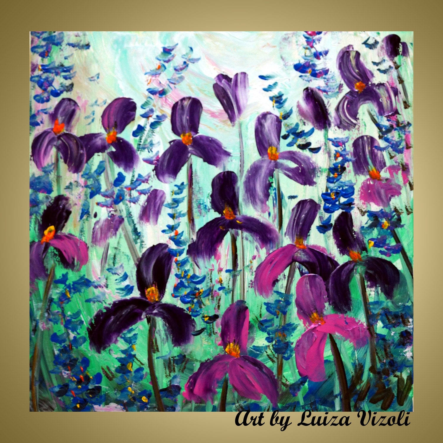 IRIS FLOWERS Original Palette Knife Impasto Oil Painting Wall Decor for home Violet,Purple,Green,White