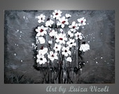 Abstract Modern Original Painting White Flowers on Silver Palette Knife Textured Metallic Artwork 36x24 by Luiza Vizoli