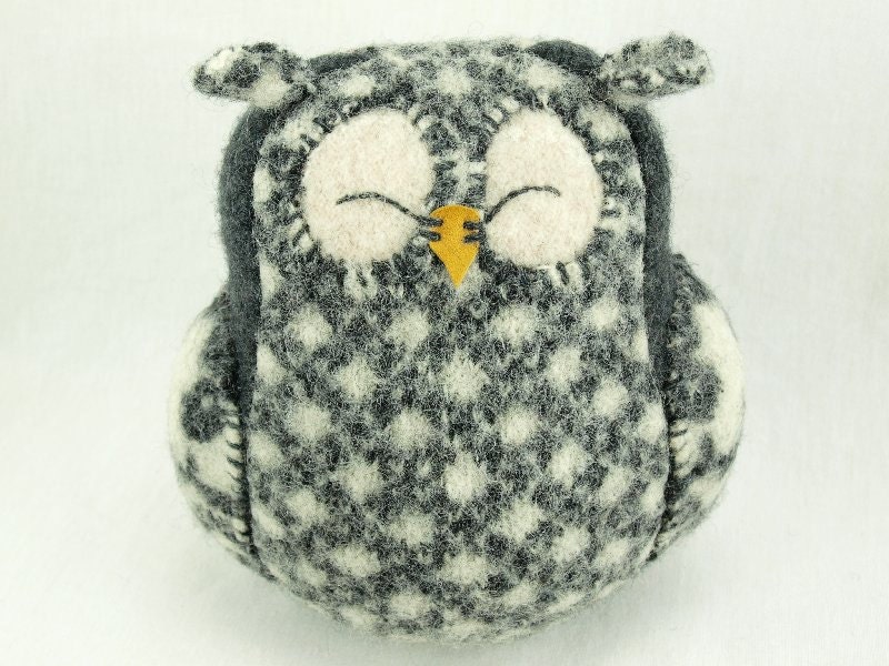Sleepy Owl Ornament Felted Wool Eco Friendly Home Decor Owl Plaid Dark Gray and White  Lamb Wool Stuffing Upcycled