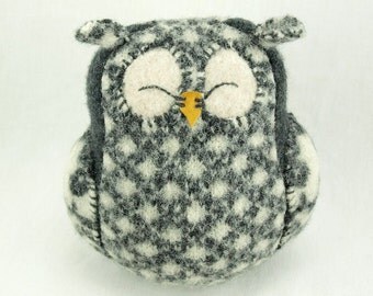 Sleepy Owl Ornament Felted Wool Eco Friendly Home Decor Owl Plaid Dark Gray and White  Lamb Wool Stuffing Upcycled