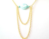 Turquoise, White Magnesite Gold Chain Layered Minimalist Necklace - Marbled Oval