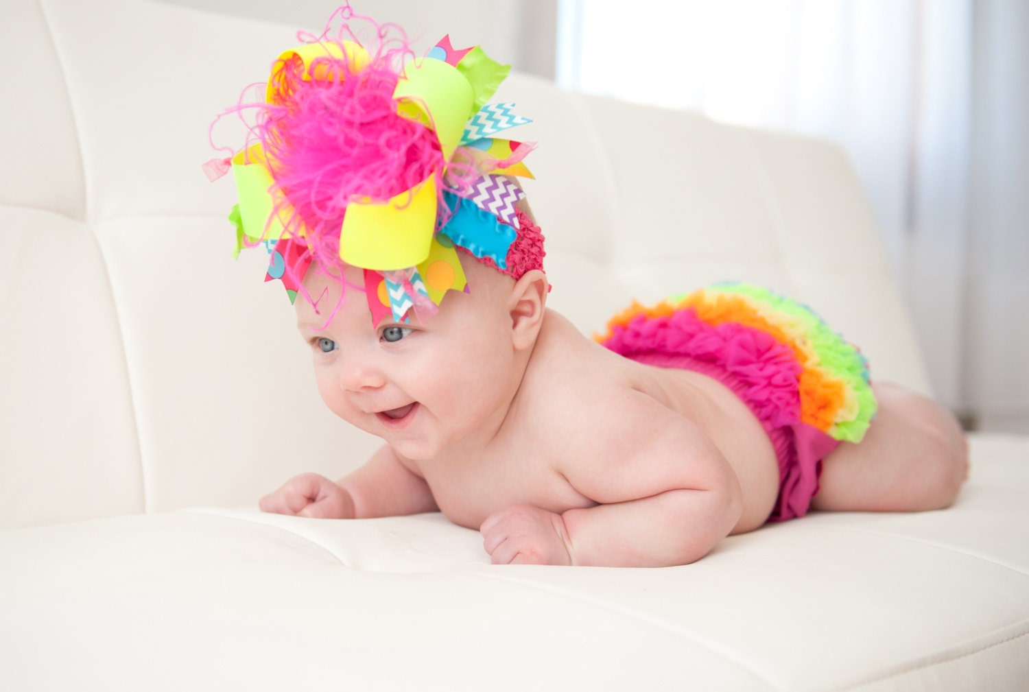 Beautiful Bright Neon Shocking Pink, Purple, Turquoise, Lime Green, Yellow Chrevron Over The Top Funky Boutique Hair Bow on Headband