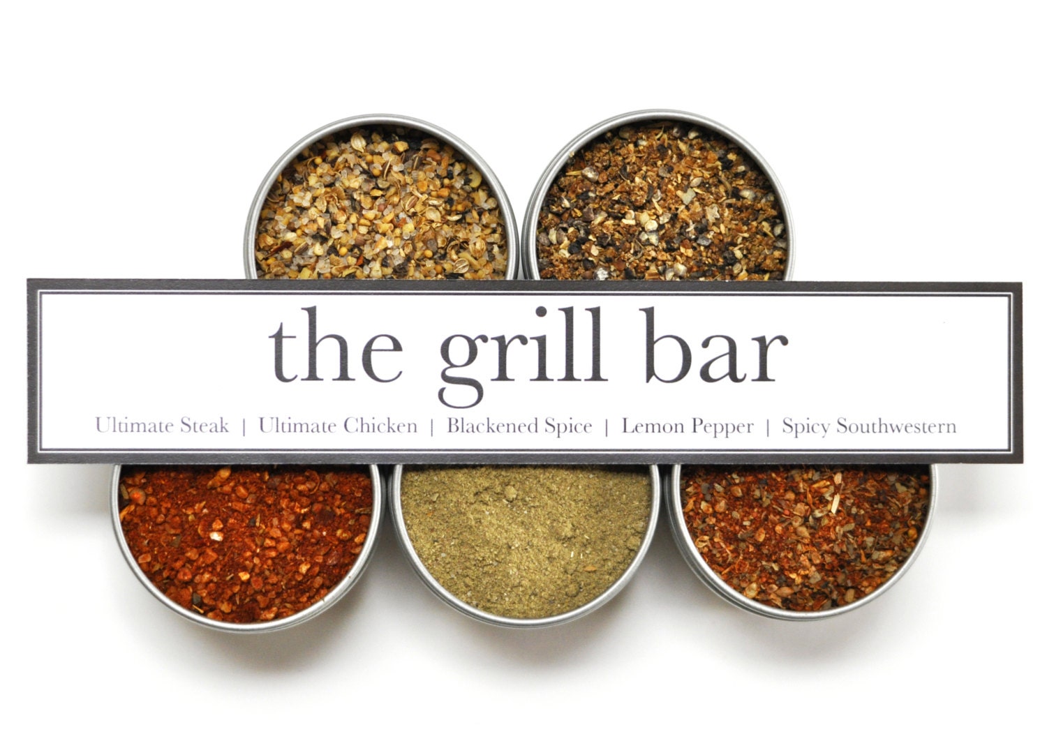The Grill Bar Spice Kit. Not only for the Grill, try it in the Kitchen. Comes with five (5) stacked blends for your BBQ favorites.