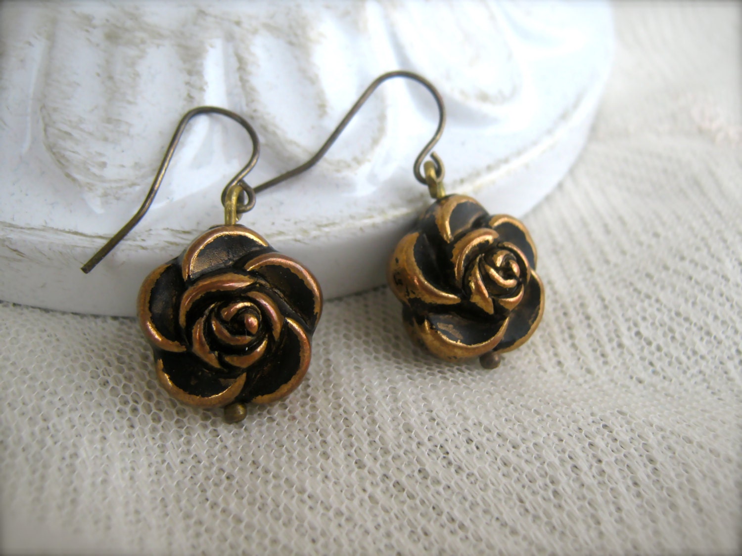 Gold Rose Earrings. Vintage Floral. Flower Earrings. Dangle Drop Earrings. Romantic. Cabbage Rose. Shabby Chic.