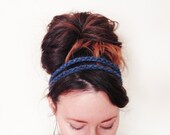 Denim HEADBAND - Crochet, Acrylic Wool Yarn, Midnight Blue, Wooden Bead, Hip, Boho, Elastic, Stretchy, One Size, Yarnival.