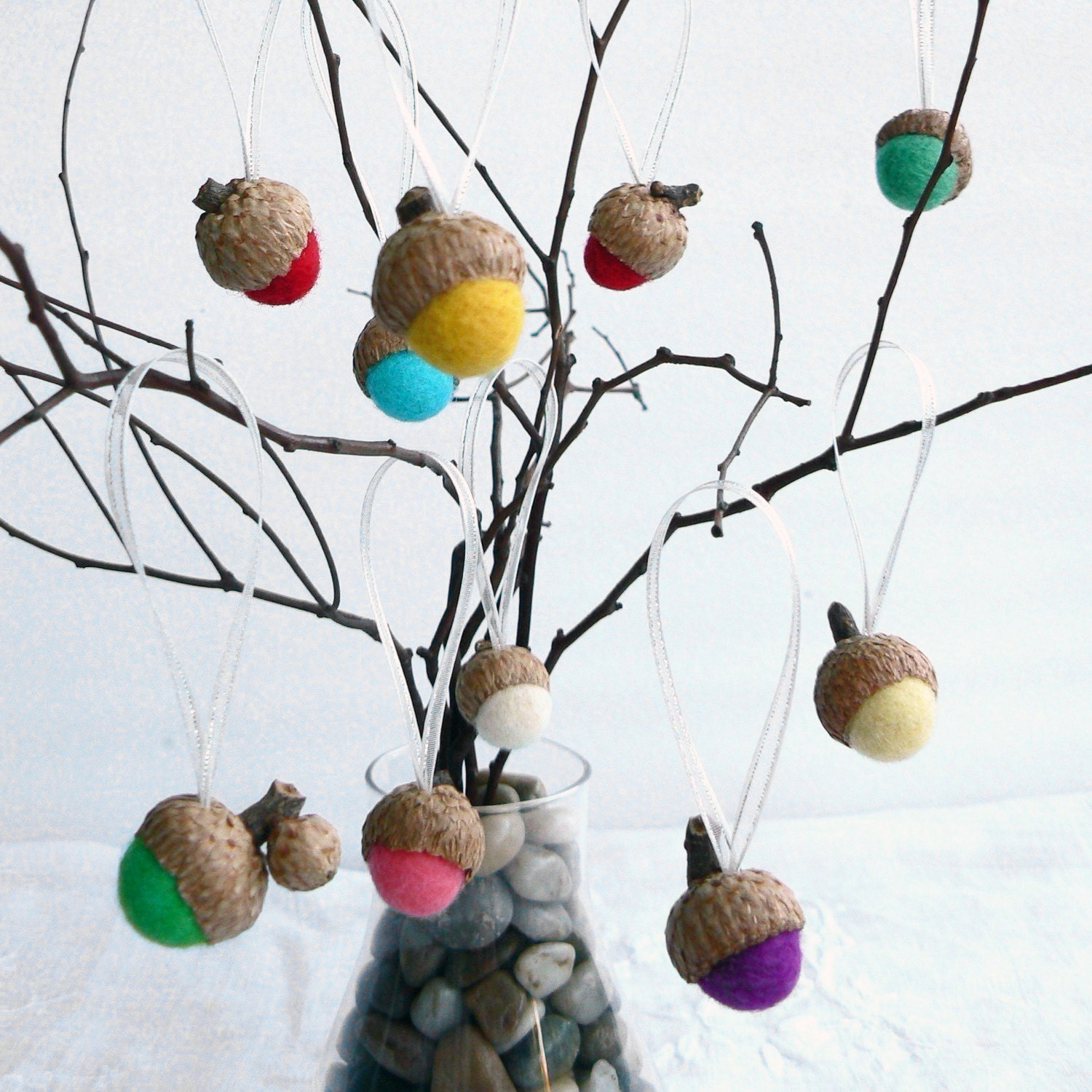 10 Colorful Acorn Decorations w Organza ribbon w silver thread. natural, eco friendly, nature and Waldorf inspired wool home decor.